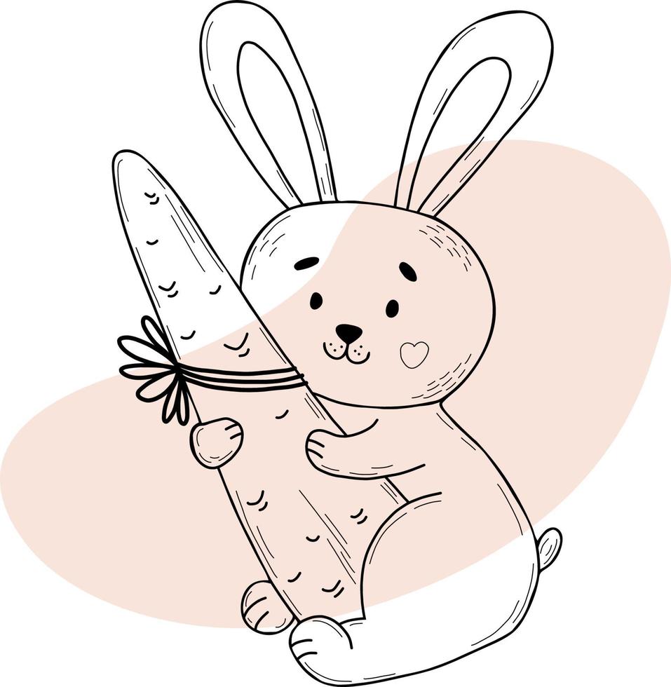 Cute rabbit with big carrot. Vector illustration. Postcard in linear doodle style. Funny animal for design and decoration, print and baby collection, valentines and greeting cards