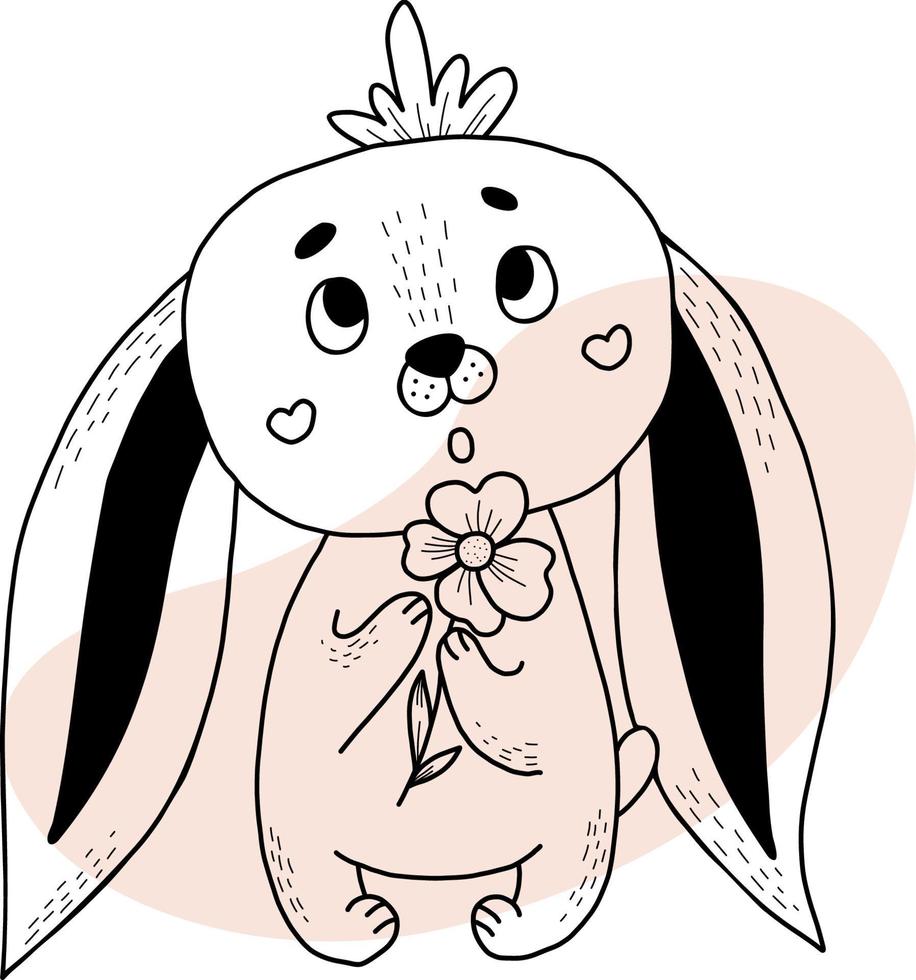 Cute bunny with haircut with flower in its paws and flying butterflies. Vector illustration. Postcard in style of hand drawn linear doodles. Funny animal for design and decoration, greeting cards
