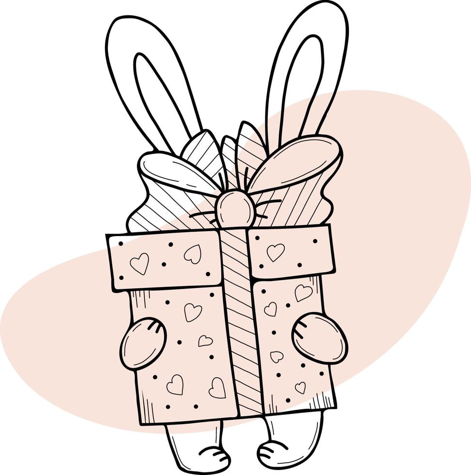 Cute bunny with huge gift in box with bow and hearts. Vector illustration. Postcard in style of hand-drawn linear doodles. Funny animal for design and decoration, greeting cards and valentines