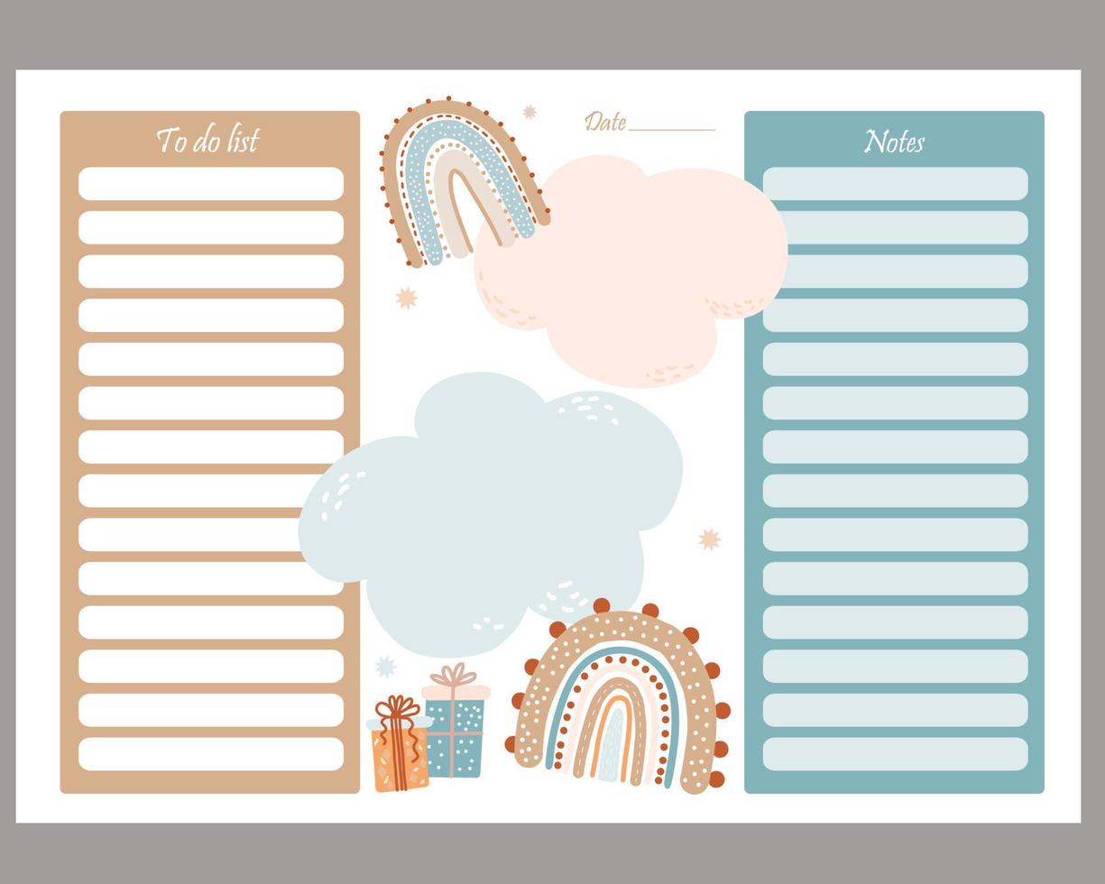 Cute planner templates for day, week, to-do list and notes. Scandinavian style organizer and schedule with cute rainbows. Vector illustration. Stationery for planning and organizing, kids collection