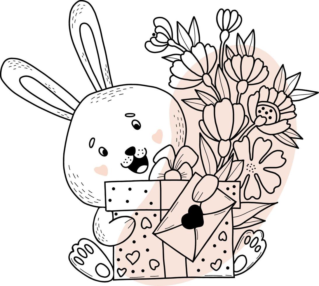 Cute bunny with bouquet of flowers, big gift and letter. Vector illustration. Postcard in style of hand drawn linear doodles. Funny animal for design and decoration, greeting cards, kids collection