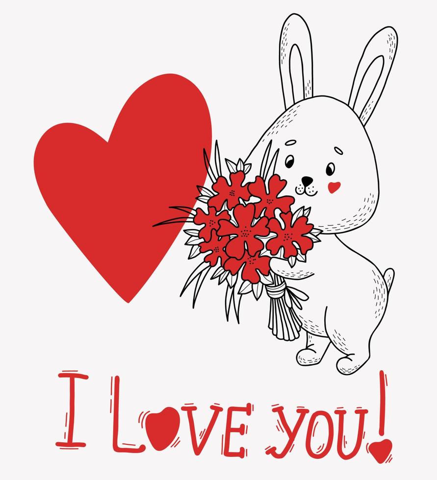 lindo conejo enamorado con ramo de flores, gran corazón y texto - te amo. ilustración vectorial en estilo de garabatos lineales dibujados a mano. animal divertido para el diseño y la decoración, tarjetas de san valentín vector
