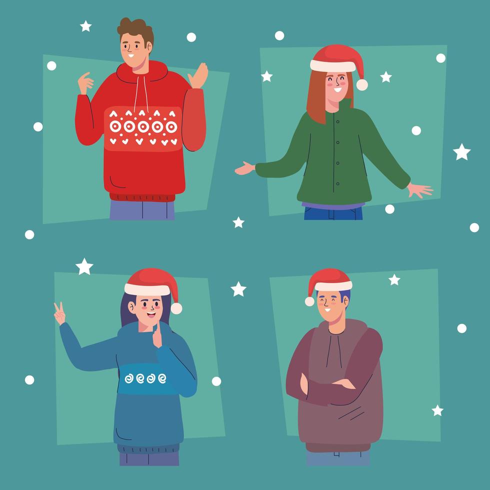 persons wearing christmas sweaters vector