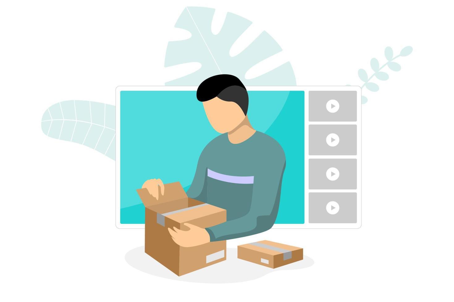 Product review live stream blog channel. Blogger man parcel unpacking content on online video player interface. Vlogger unboxing cardboard purchase web streaming. Male influencer broadcast. Vector eps