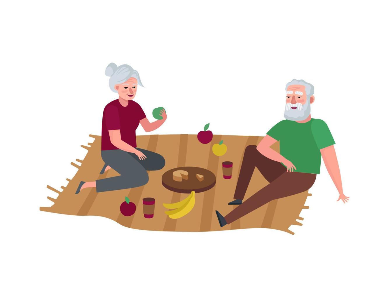 Elderly couple relaxing on picnic. Grandparents outdoor spending time together. Senior persons leisure vacation. Grandmother and grandfather in old age relationship. Pensioners vector eps illustration