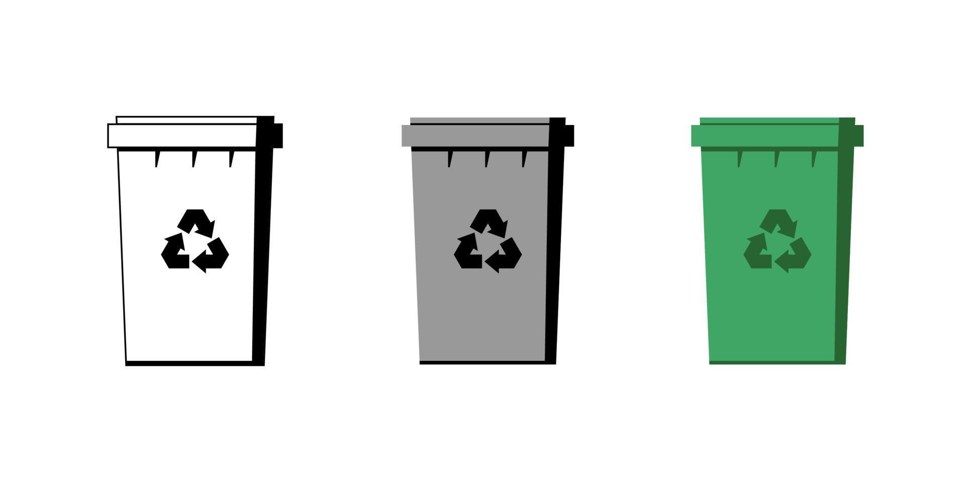 Trash sorting grey, black and green containers set. Garbage bins with recycling icon. Rubbish dustbin isolated set. Waste management utilization symbol. Save environment and ecology vector eps