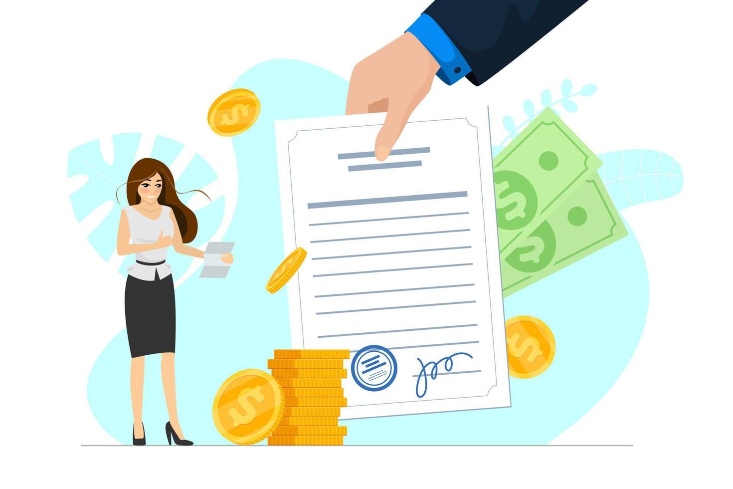 Satisfied businesswoman hold good financial notice. Positive decision and profitable money transaction conclusion. Joyful business woman with letter and money show thumbs up. EPS loan approval message vector