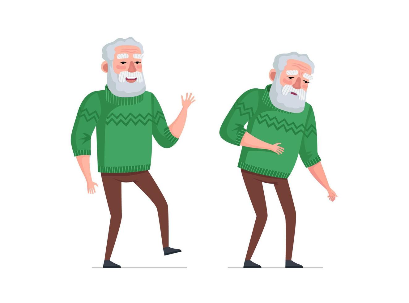 Elderly active joyful and unhealthy sick pensioner comparison. Healthy happy and sad tired old age concept. Weakness senior male and bearded aged man in sweater dancing. Grandpa vector illustration