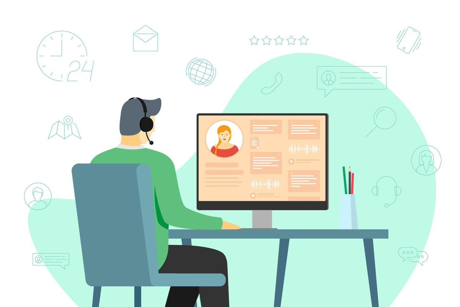 Call center operator man and hotline service icons. Male helpline worker with headphones at work. Online customer support department staff, telemarketing, consultation and assistance centre hot line vector