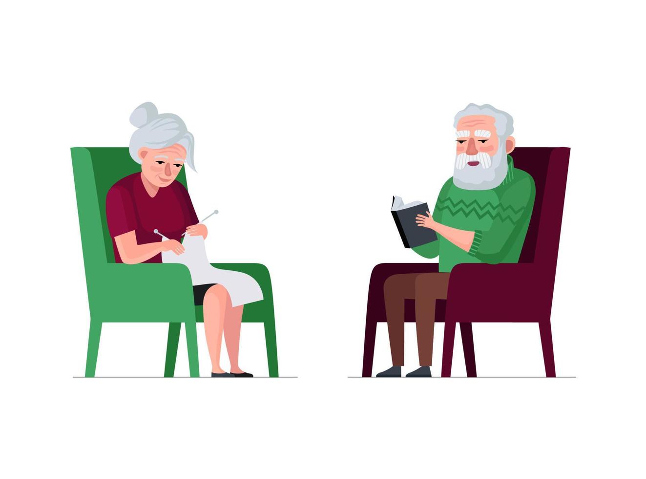 Elderly couple retired leisure time together. Senior aged pensioners sit in armchair. Grandfather read book, grandmother knit. Old people in nursing home. Gray hair man and woman. Vector illustration