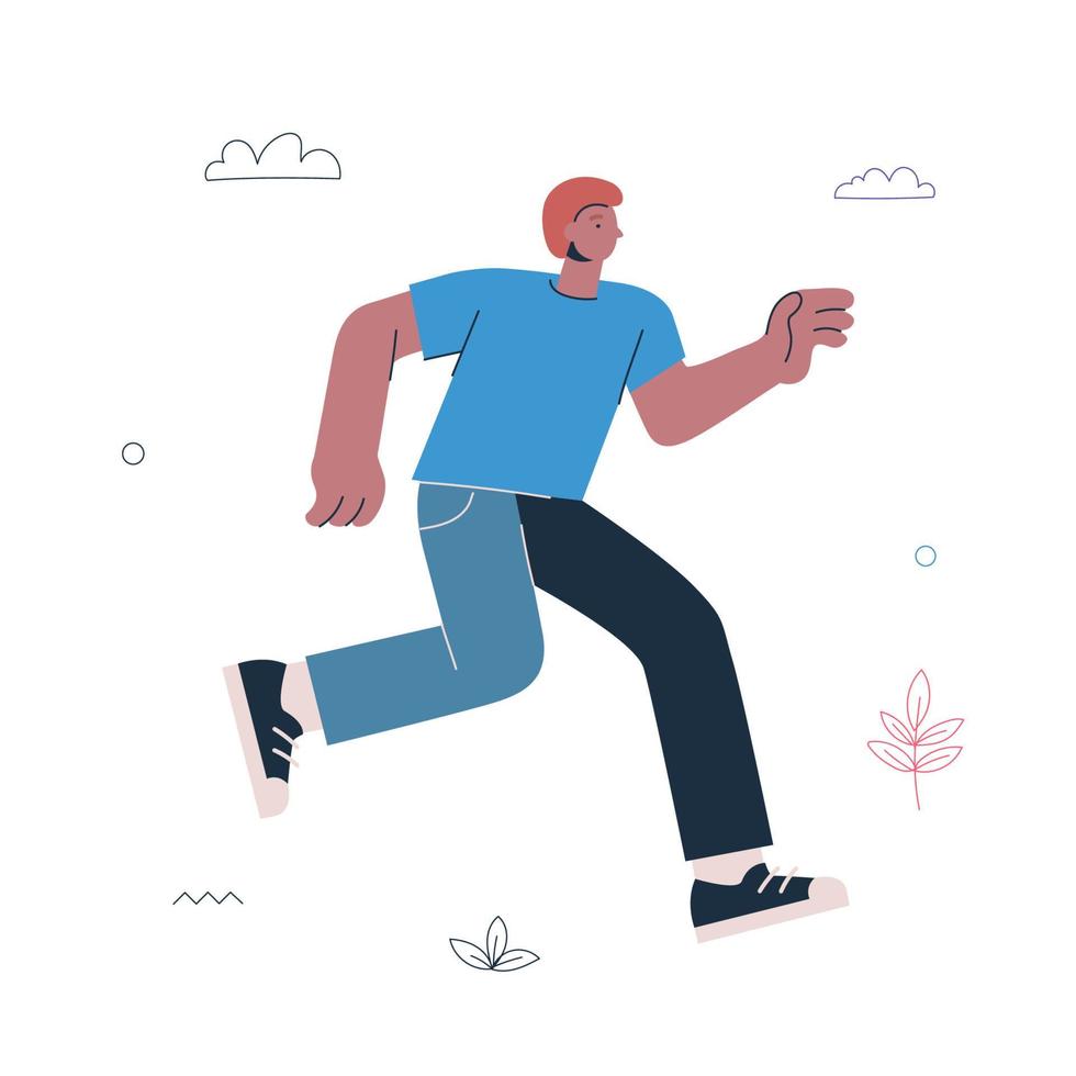 chico hipster corriendo. ejercicio de hombre joven. hombre trotando. Estilo de vida saludable y activo y concepto creativo deportivo. ilustración de pasos vectoriales vector