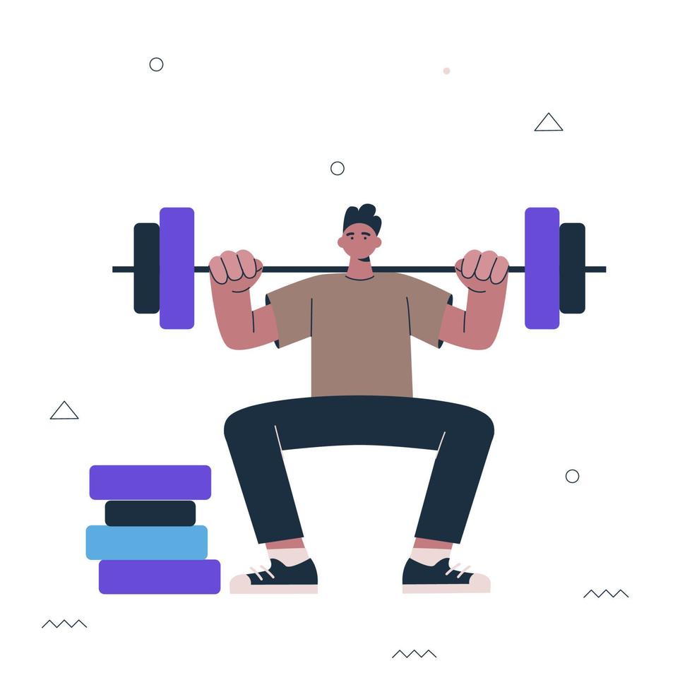 chico hipster en cuclillas con barra. ejercicio de gimnasio de hombre joven. persona masculina levantando una barra pesada. Estilo de vida saludable y activo y concepto creativo deportivo. ilustración de pasos vectoriales vector