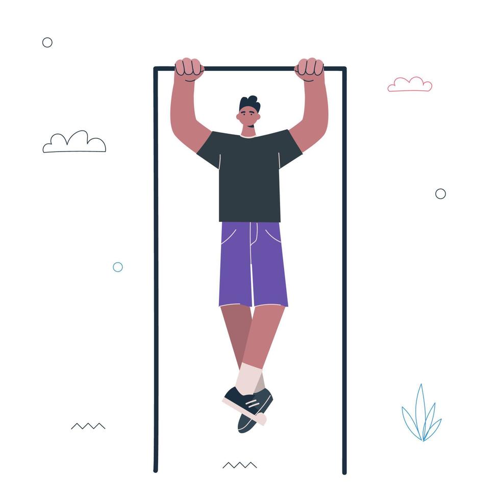 Hipster guy pull up on horizontal bar. Young man street workout exercise. Male person work-out. Healthy active lifestyle and sport creative concept. Vector eps illustration