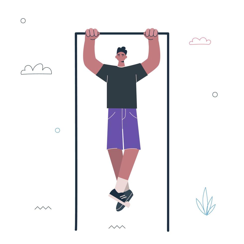 el tipo hipster se levanta en la barra horizontal. ejercicio de entrenamiento de calle de hombre joven. entrenamiento de persona masculina. Estilo de vida saludable y activo y concepto creativo deportivo. ilustración de pasos vectoriales vector