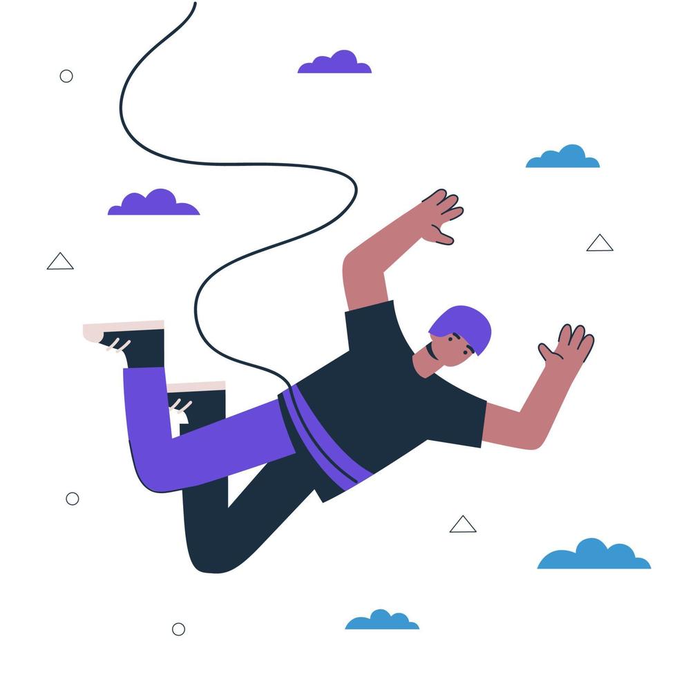 Hipster guy bungee jumper. Young man jumping and flying. Healthy active lifestyle and extreme sport creative concept. Male person free fall with rope. Vector eps art illustration