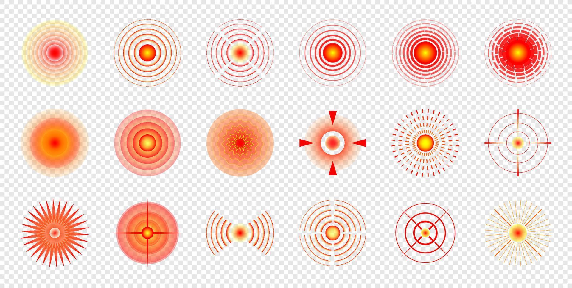 Pain localization red circle mark set. Aching place abstract symbol. Sore spot or hurt body part marker. Painkiller advertisement and medical information posters isolated vector eps design elements