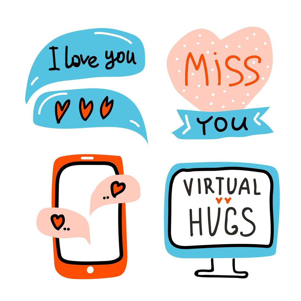 el día de san valentín fijó el icono del garabato amor virtual. monitor, amor por internet, charla, chat, decoración, corazón, globos de diálogo. Te extraño y letras de abrazos virtuales. dibujado a mano, arte de línea, plano y vector de letras