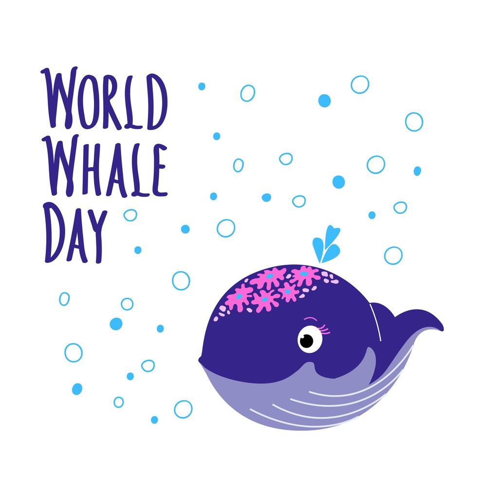 linda ballena violeta que sopla una fuente y burbujas alrededor. letras manuscritas del día mundial de la ballena. signo abstracto del día mundial de las ballenas y ballena. protección de los mamíferos marinos. ilustración plana vectorial vector