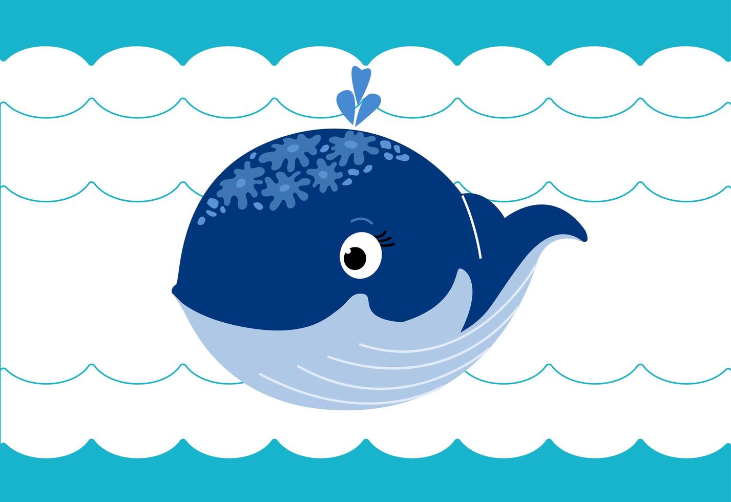 Cute character Whale blowing a fountain swimming in the sea waves. Protection of marine mammals for World Whale Day. Vector flat illustration for poster, banner, card, childrens book