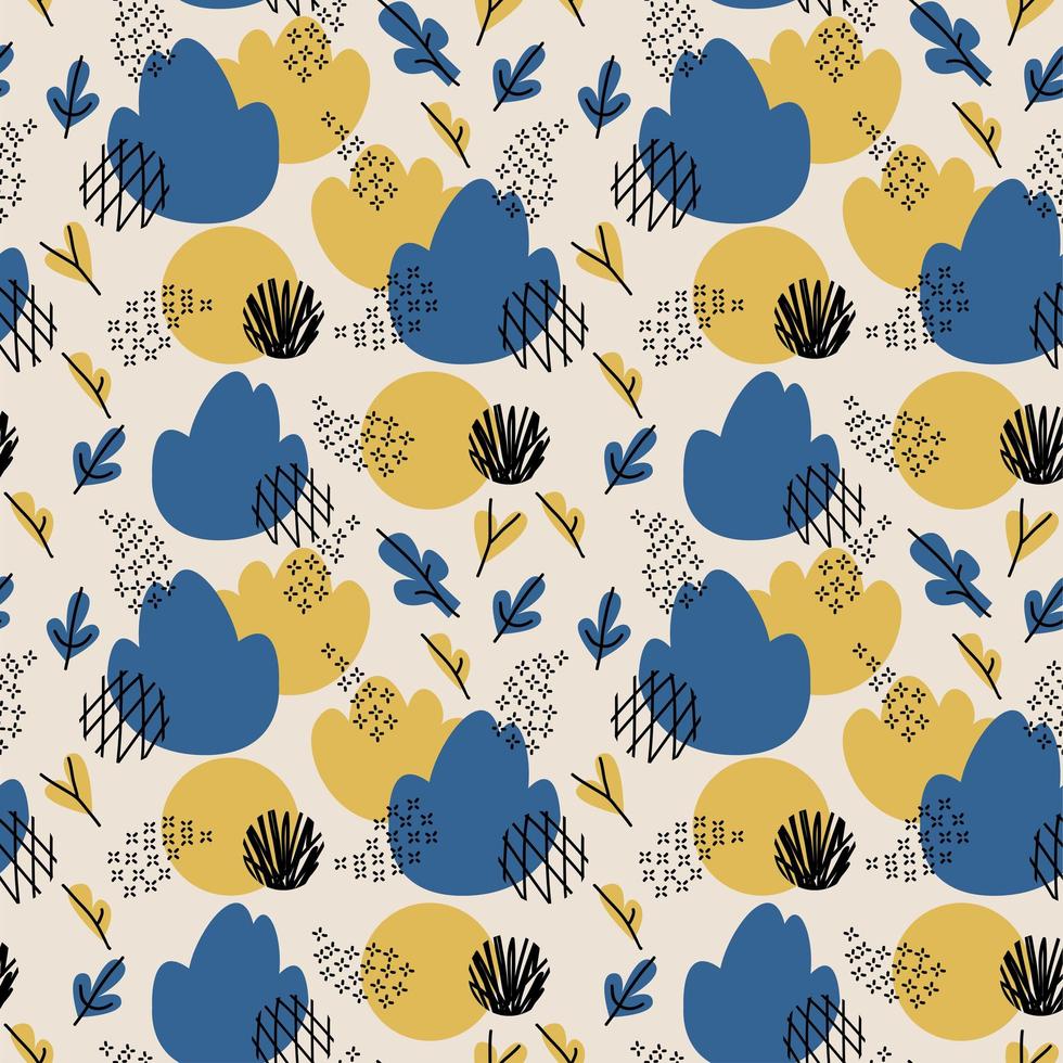 Blue and mustard color Doodle Abstract seamless Pattern with bush, leaves, flowers and circles. Trendy hand drawn textures Background. Abstractive design for paper, fabric, interior decor, wrapping vector