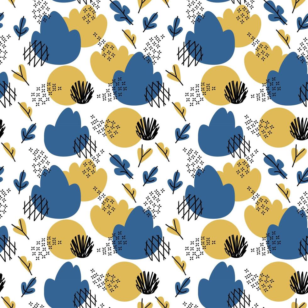 Blue and mustard color Doodle Abstract seamless Pattern with bush, leaves, flowers and circles. Trendy hand drawn textures Background. Abstractive design for paper, fabric, interior decor, wrapping vector