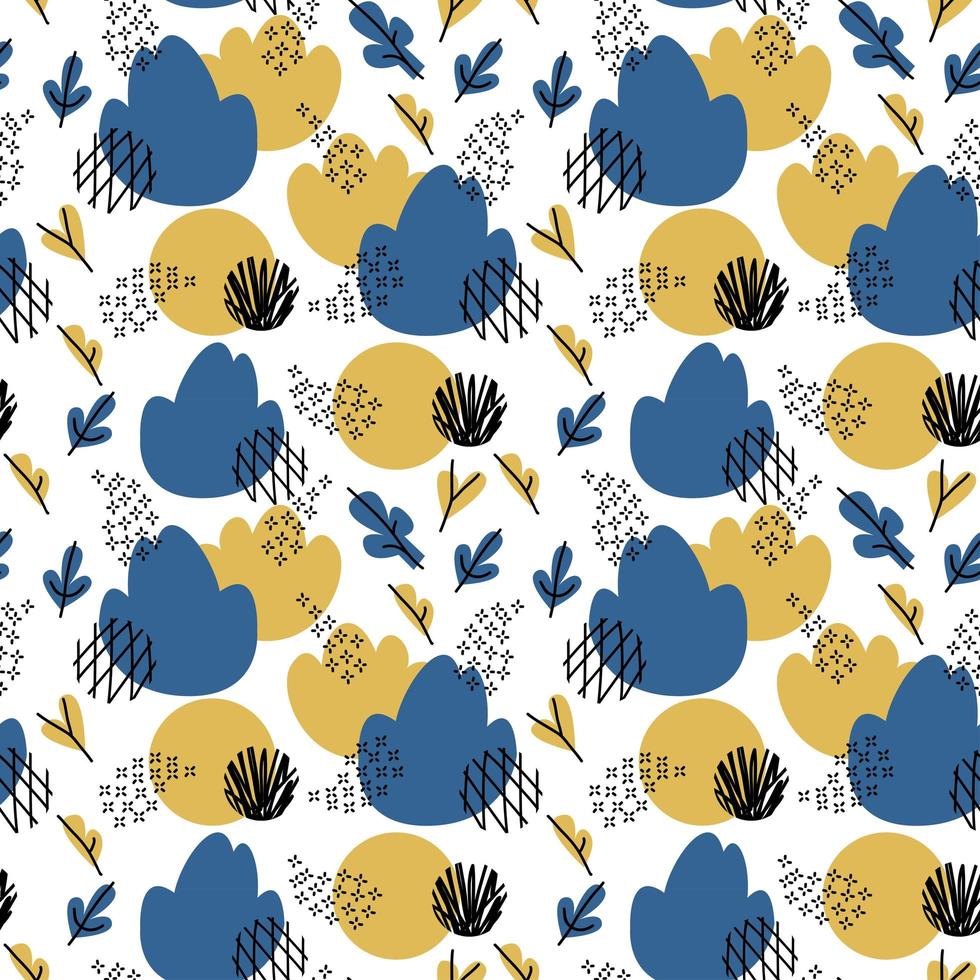 Blue and mustard color Doodle Abstract seamless Pattern with bush, leaves, flowers and circles. Trendy hand drawn textures Background. Abstractive design for paper, fabric, interior decor, wrapping vector