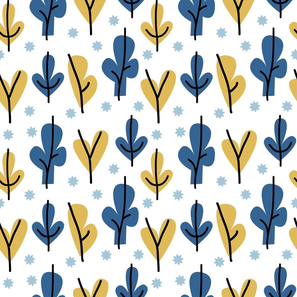 Blue and mustard Abstract seamless Pattern with trees and stars. Trendy hand drawn plant textures Background. Abstractive design for paper, fabric, interior decor, textiles, bed linen vector