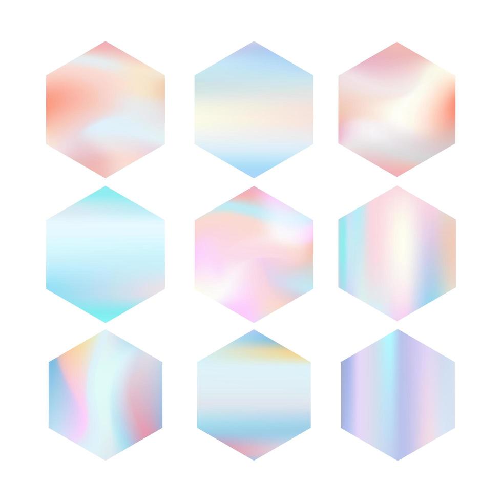 Shape gradient hexagons in pastel holographic colors. Modern elements for background, postcards, discounts, your text or any design. Vector illustration