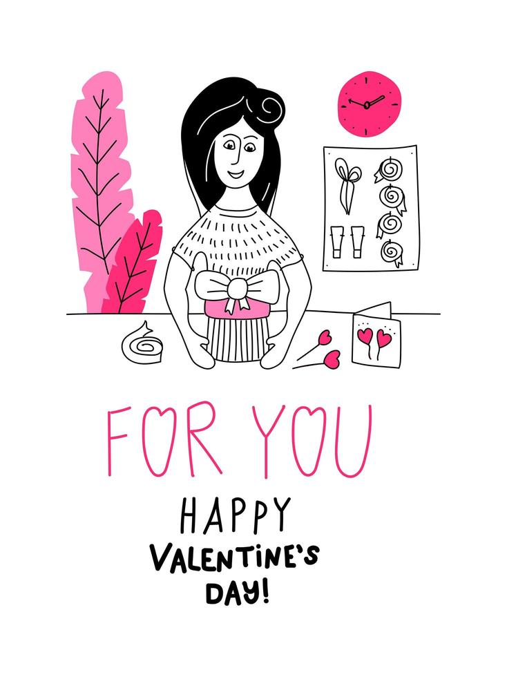 envolviendo agradable sorpresa. envoltorio de vendedor de niña y decora un regalo. tarjeta de garabato con letras para ti feliz día de san valentín. cartel de amor y postal. ilustración de vector de arte de línea dibujada a mano