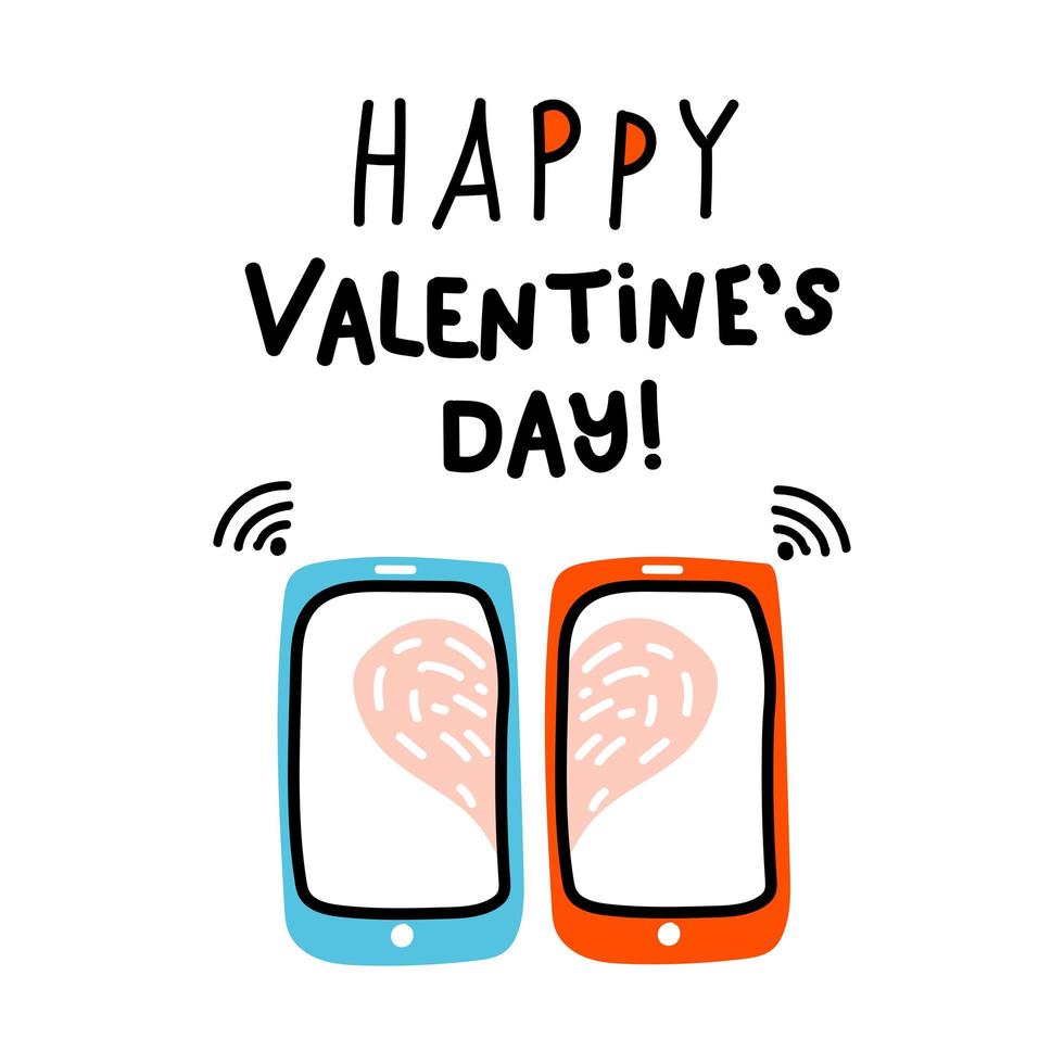 Valentine doodle icon Virtual Love Wi-Fi. Internet Love, talk, chat, decoration, heart and vibes. Lettering Happy Valentines Day. Hand drawn, line art and flat vector Illustration for web, sticker
