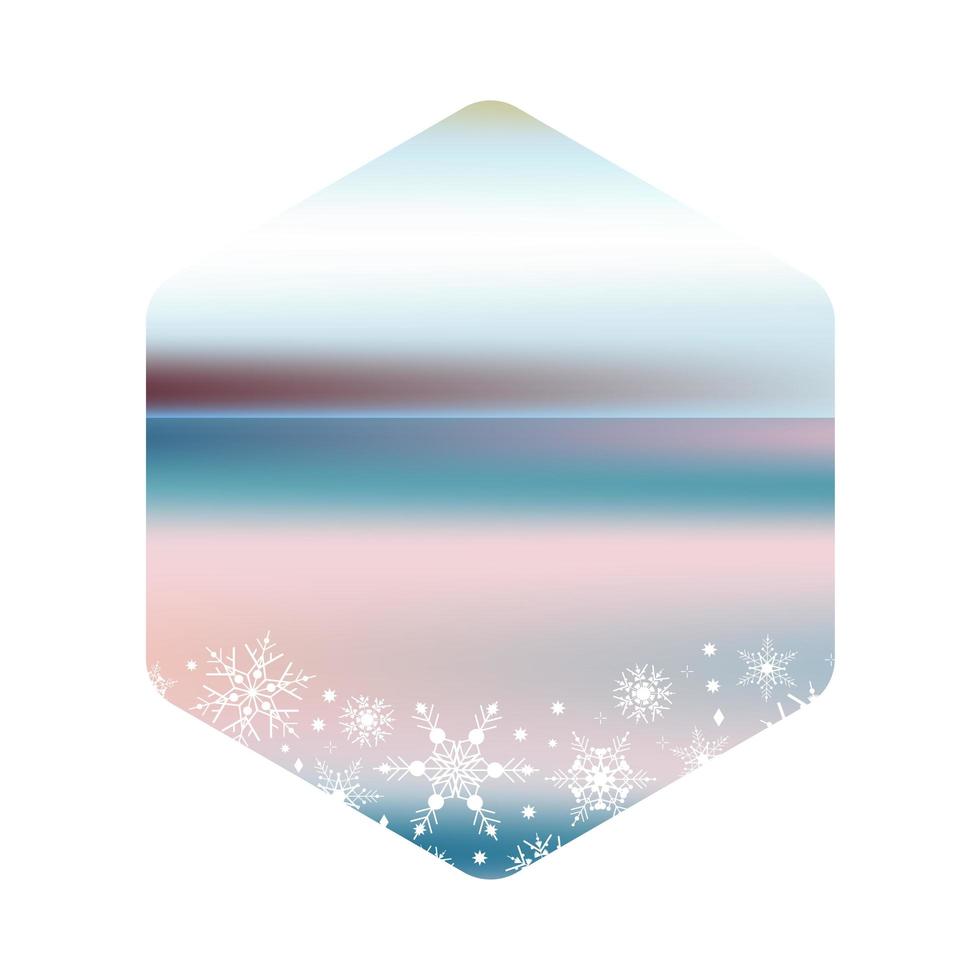 Landscape of Frozen Lake with snowflakes, hexagon Shape and Gradient. Element for background, postcards, discounts, your text or any Winter design. Vector illustration for social media, stories