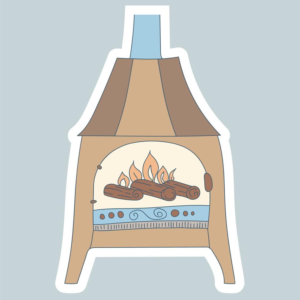 chimenea de estilo escandinavo sobre patas con decoración. el fuego está ardiendo en la chimenea. hygge europeo acogedor. ilustración de arte de línea dibujada a mano para su diseño. línea aislada sobre fondo blanco vector