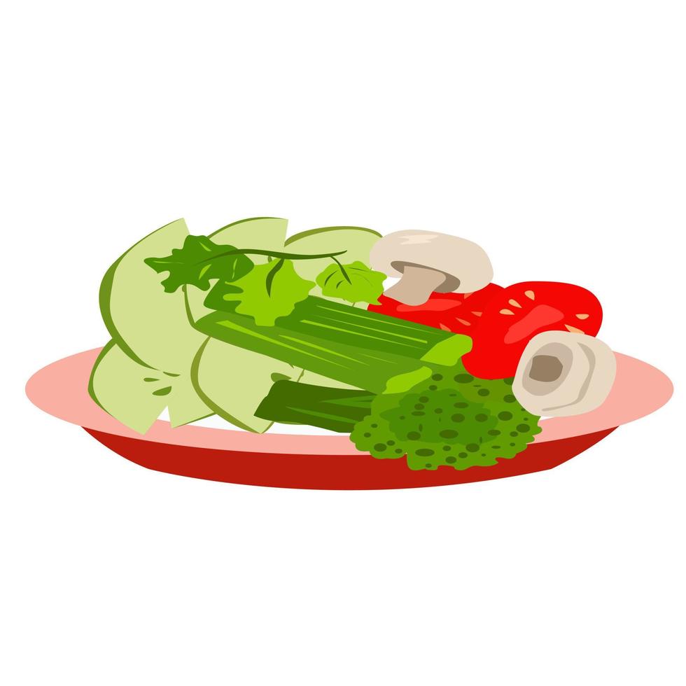 A plate with vegetables and mushrooms. Vegetarian food. vector