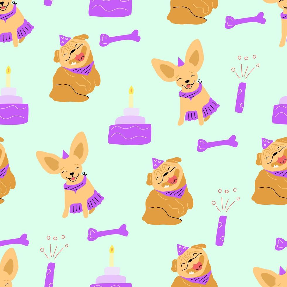 Seamless pattern with dogs in cake caps. vector