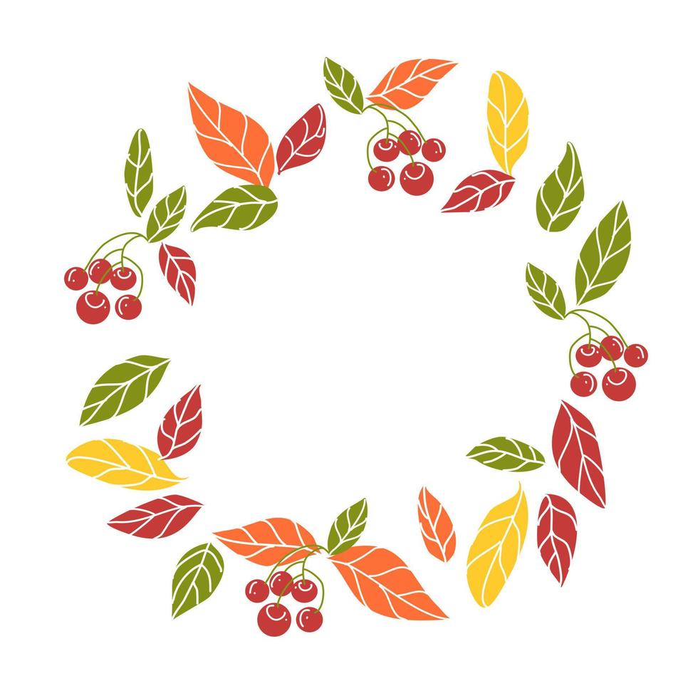 A round frame made of autumn leaves and berries. vector