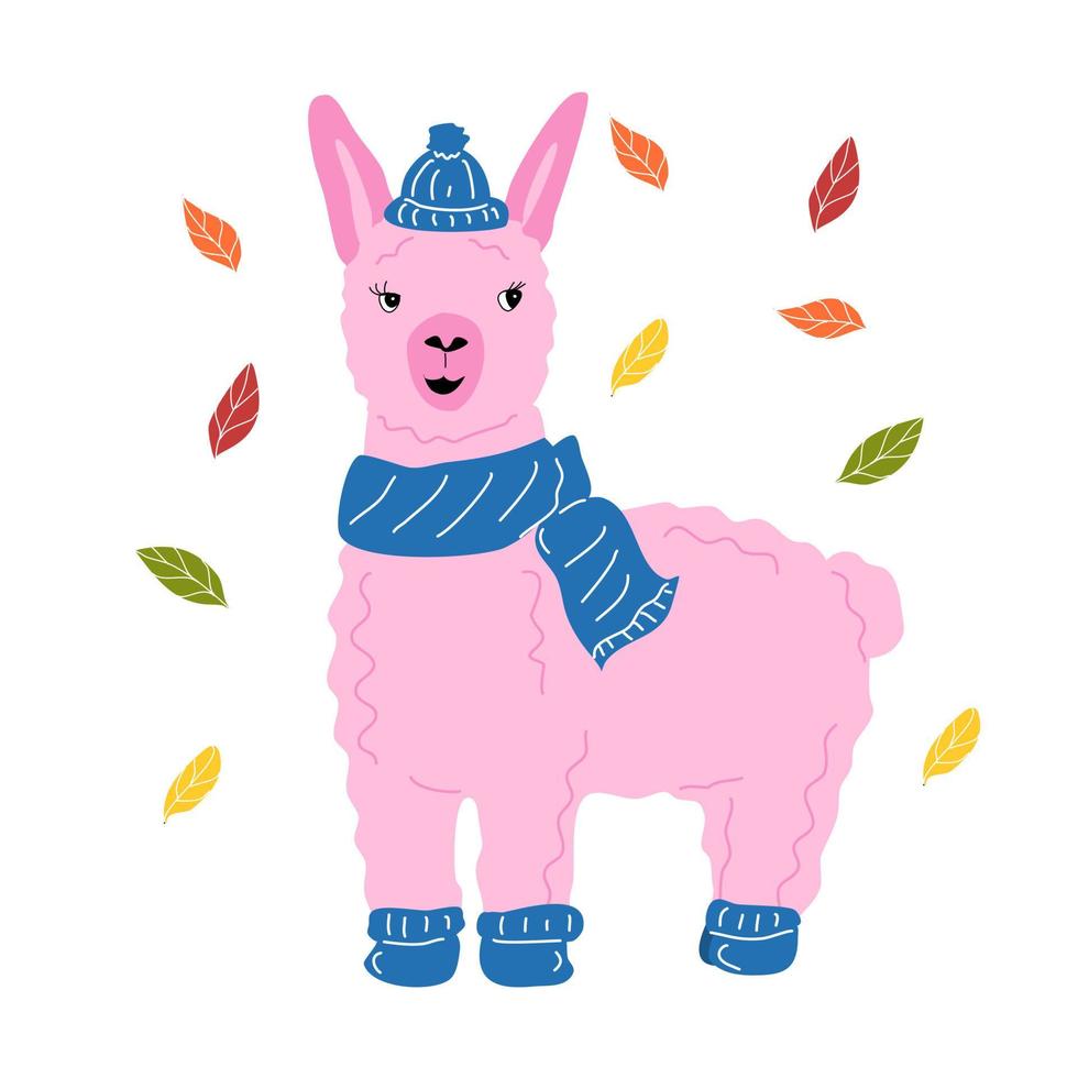 llama rosa con gorra, bufanda y calcetines calientes. vector