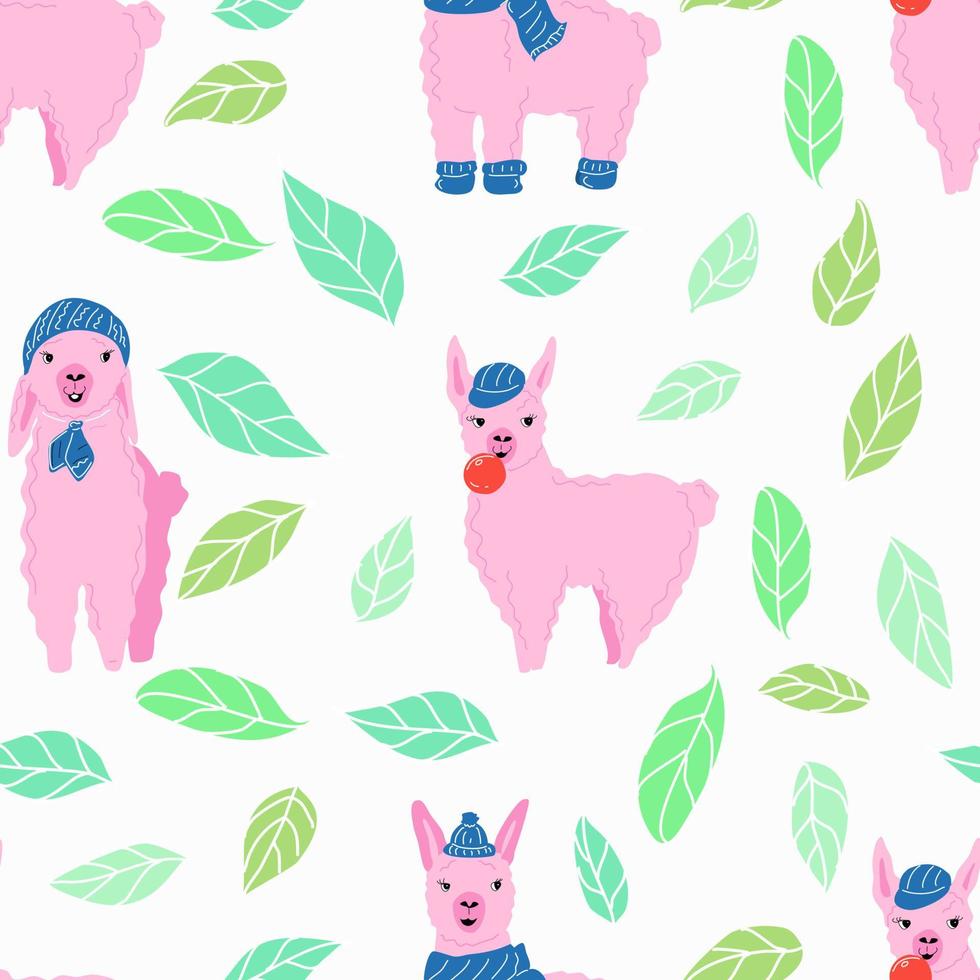 Seamless pattern with pink llamas in hats and socks. vector