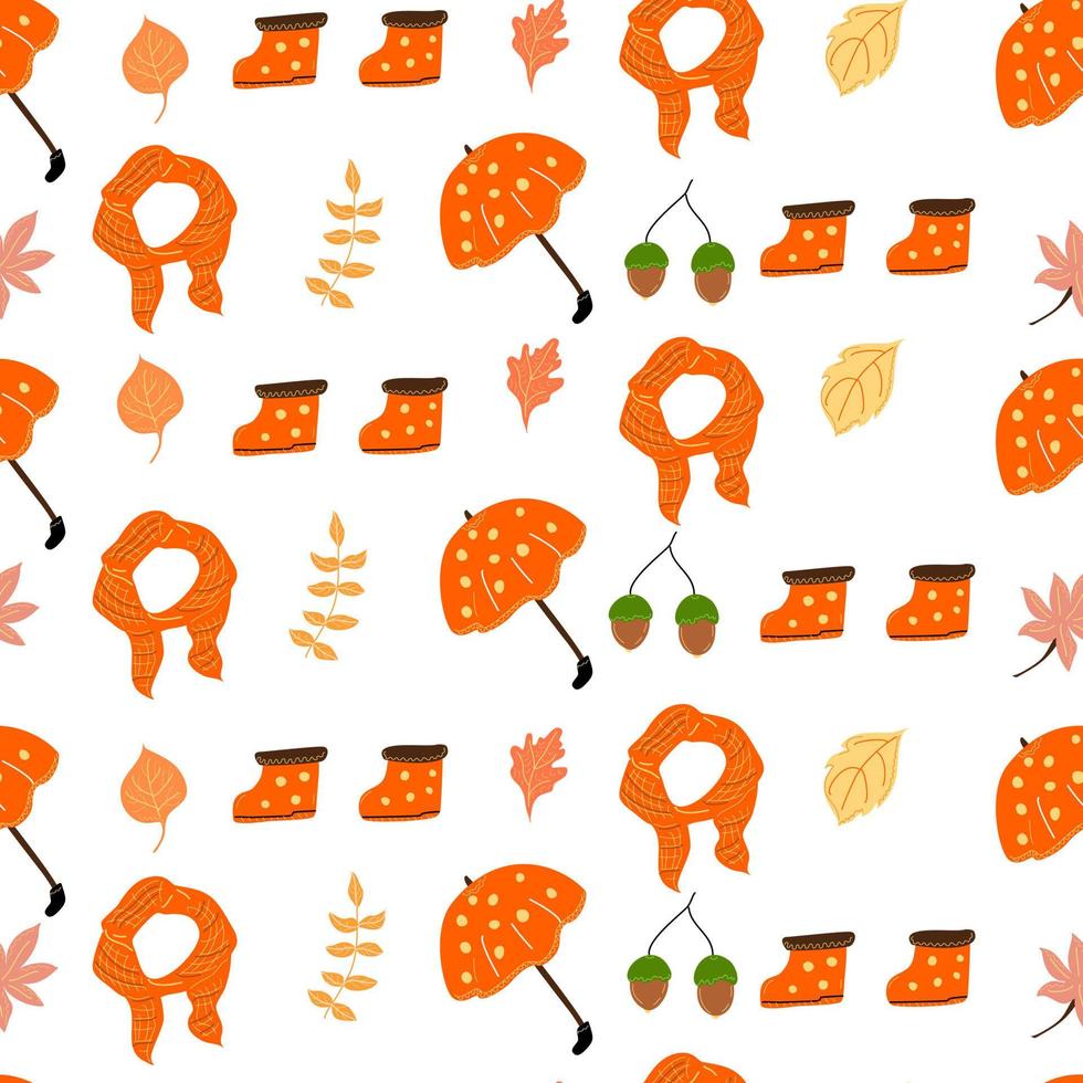 Seamless autumn pattern with umbrellas and scarves and boots. vector