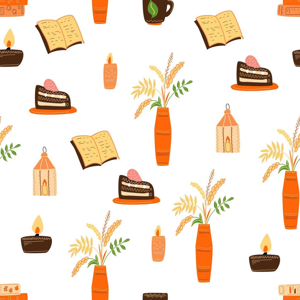 Seamless pattern with an autumn bouquet of books and candles. vector