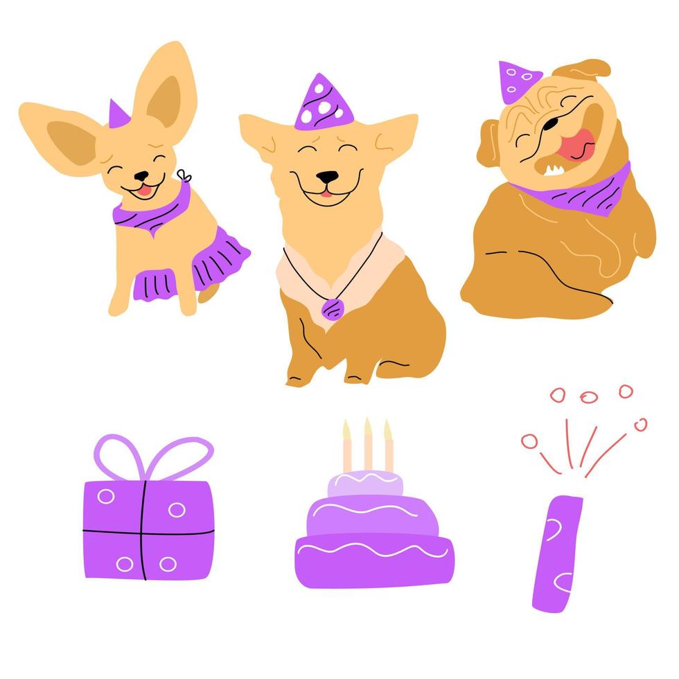 Cute dogs with caps on their heads. vector