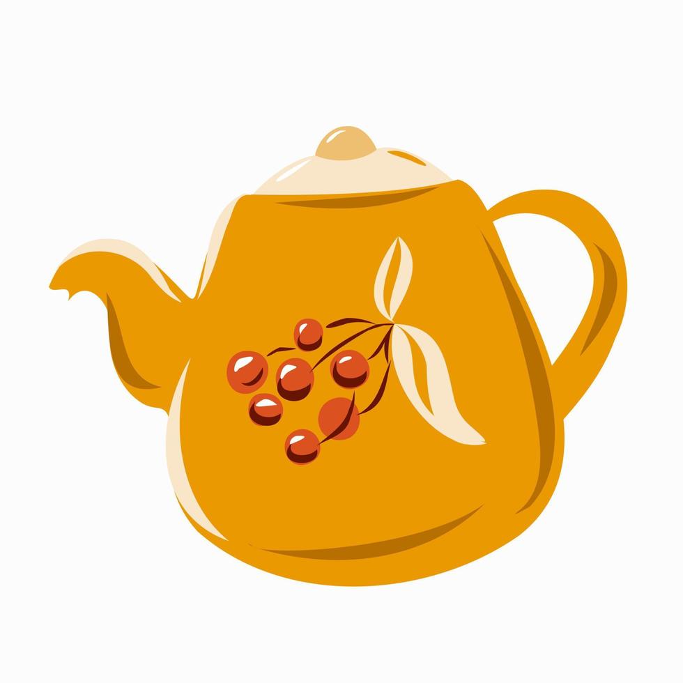 A bright orange teapot with a sprig of red berries on it. vector