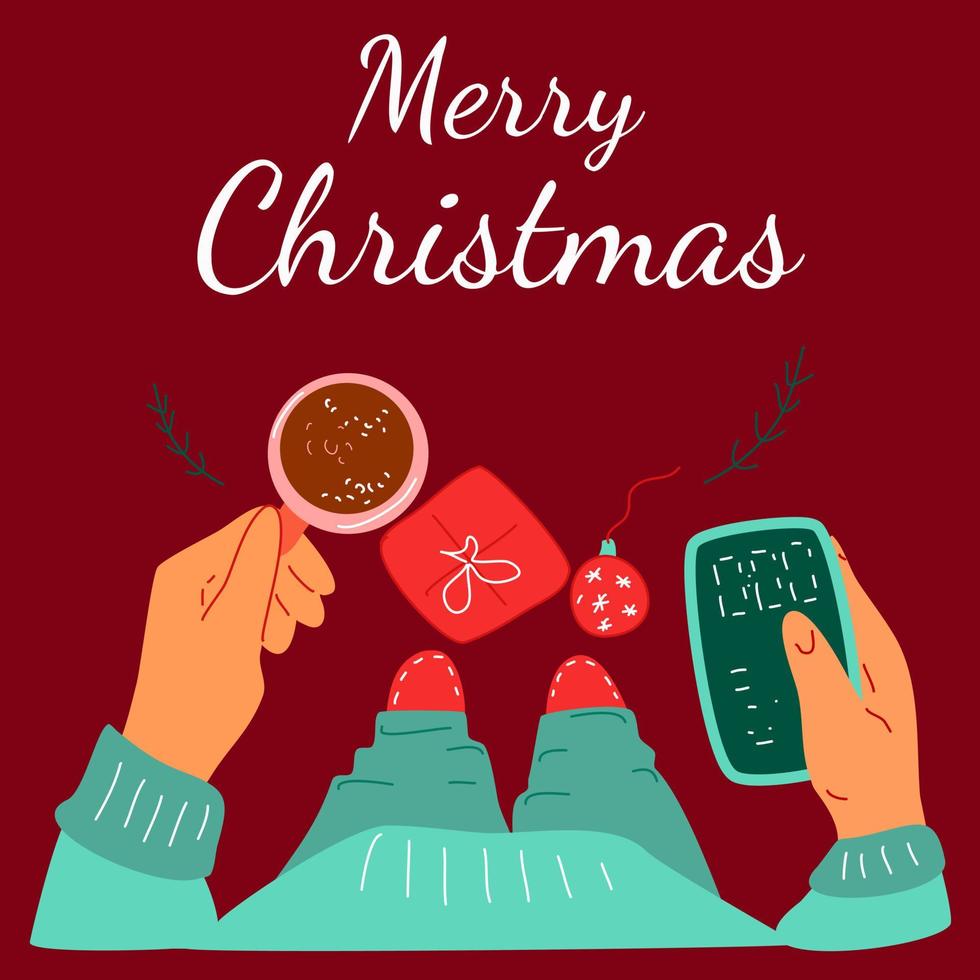 Christmas card with hands and coffee. vector