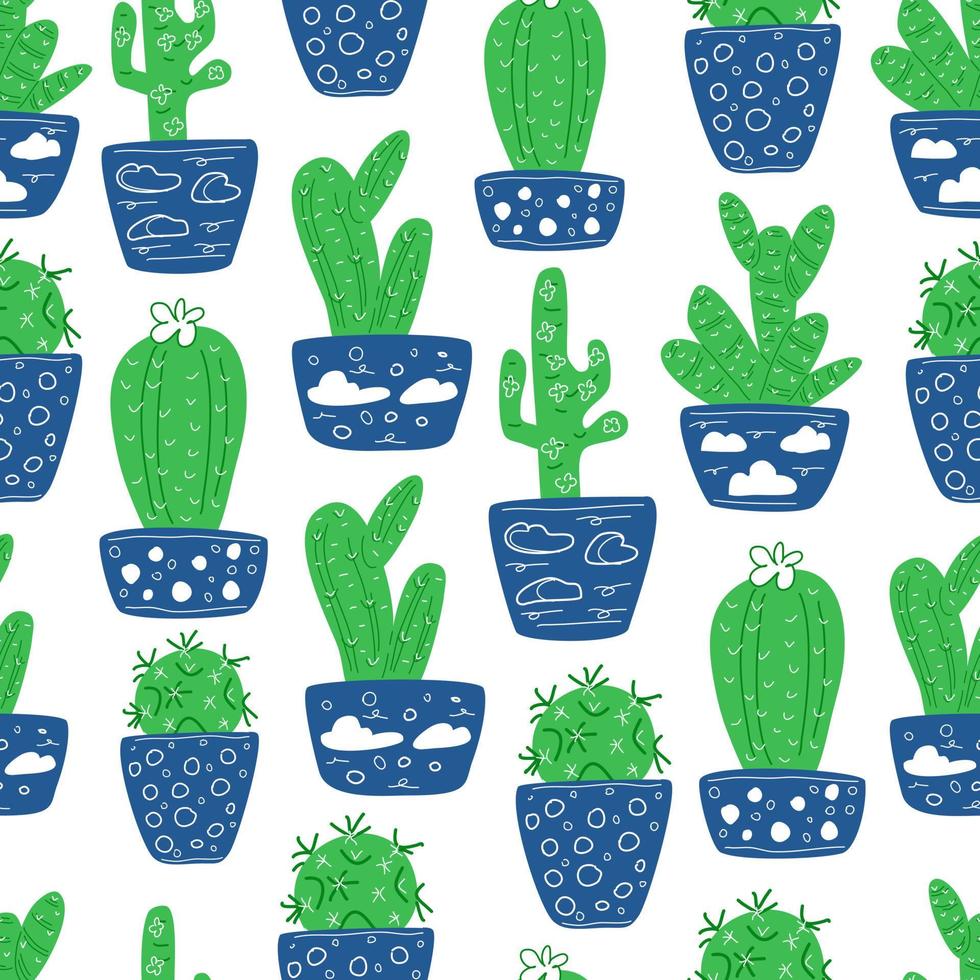 Seamless pattern with green cacti in blue pots with clouds. vector