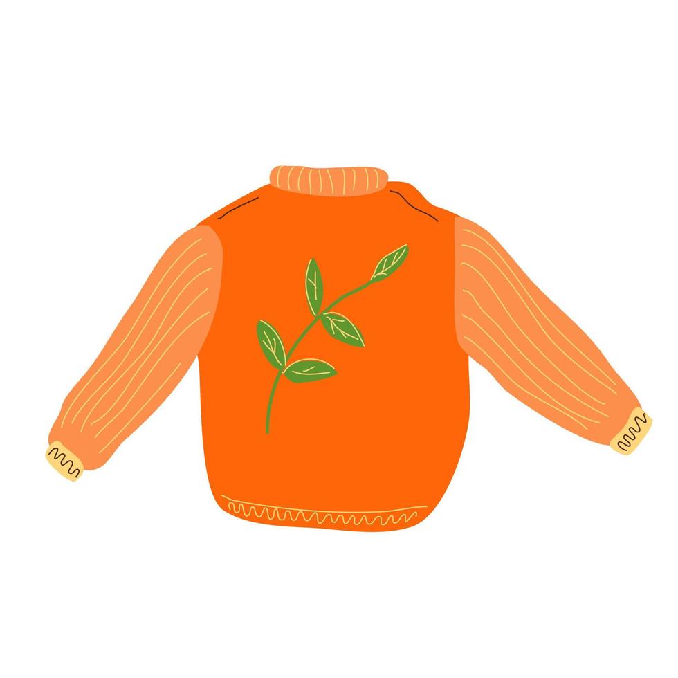 Orange autumn knitted sweater with a leaf pattern. vector