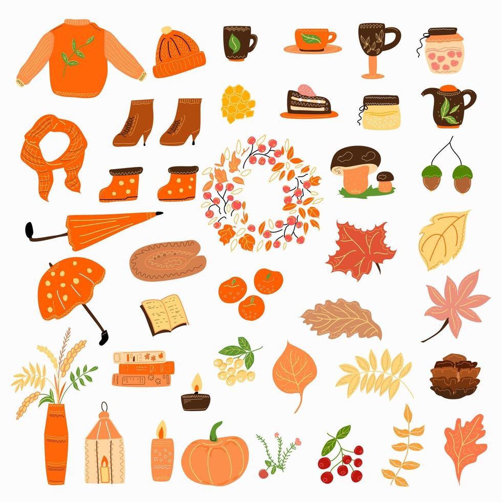 A set of autumn elements with clothes and leaves and food. vector