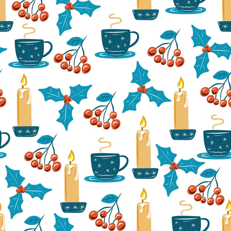 Seamless pattern with holly cup and candle. vector
