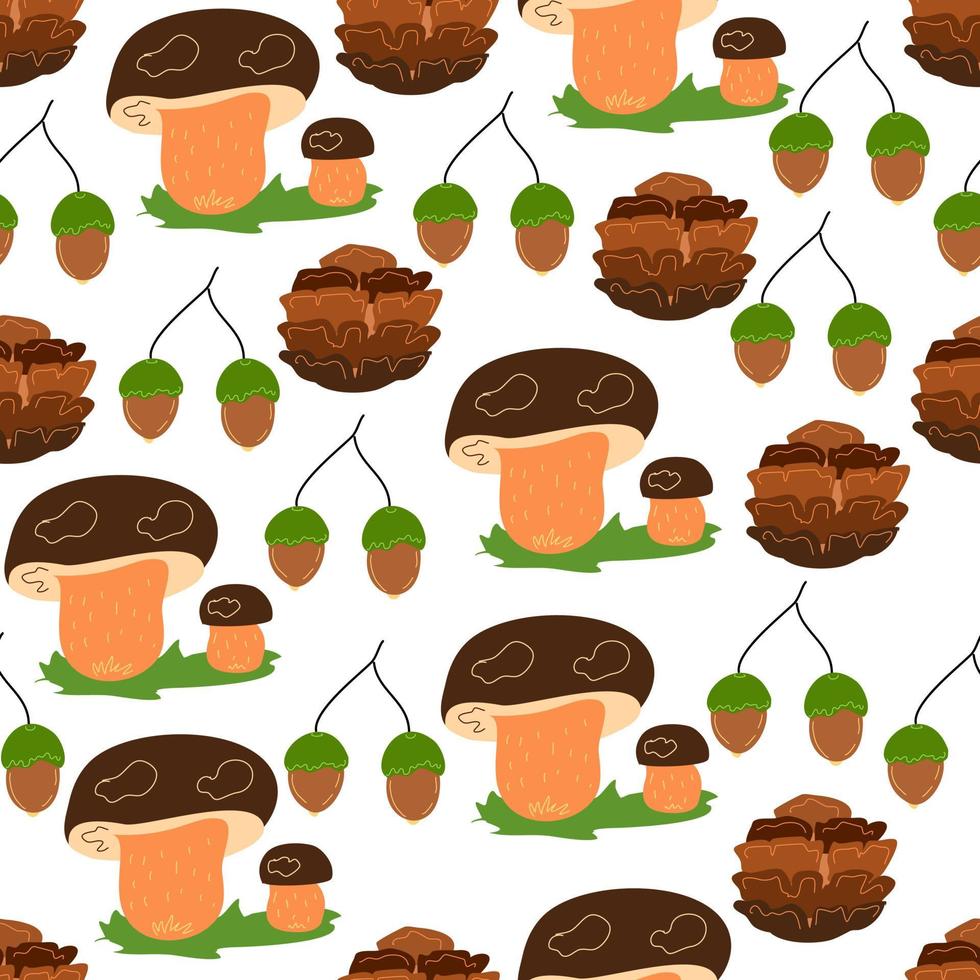 Seamless pattern with mushrooms, cones and acorns. vector