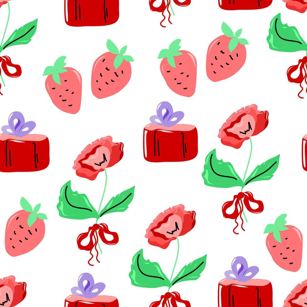 Seamless pattern with roses and gifts and strawberries. vector