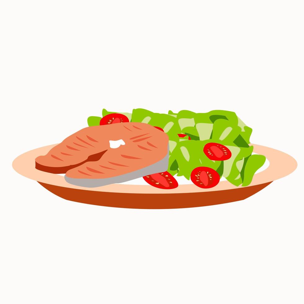 Red fish with salad and tomatoes on a plate. vector