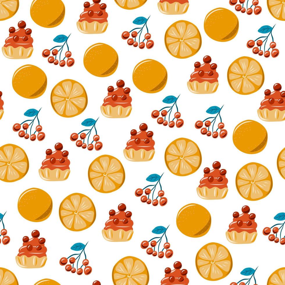 Oranges seamless pattern with berries and cakes. vector